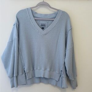 American Eagle Outfitters Light Blue V-Neck Waffle Knit Pullover Sweater XXS